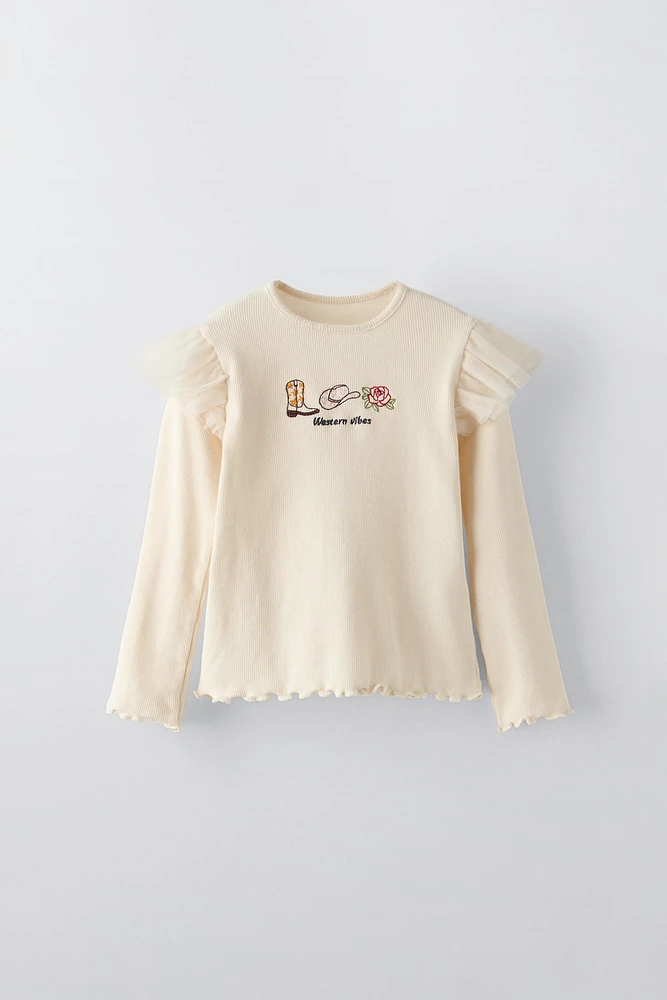 EMBROIDERY AND RUFFLES RIB T-SHIRT