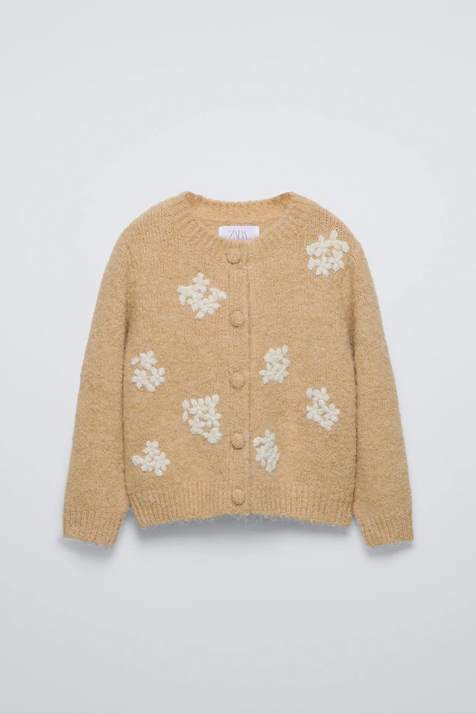 WOOL BLEND FLORAL KNIT CARDIGAN