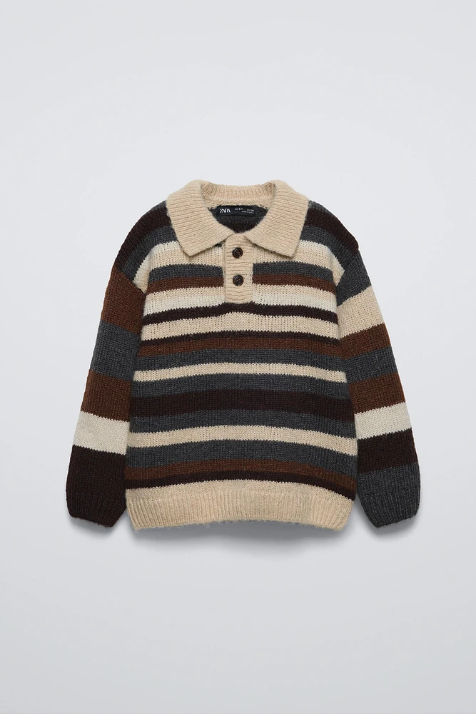 STRIPED KNIT POLO SWEATER