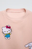 Round neck sweatshirt with long sleeves. Rib trim. HELLO KITTY and FRIENDS © front embroidery detail. Warm soft interior.