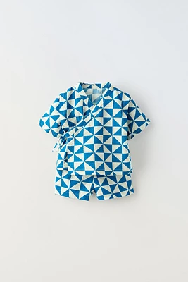 GEOMETRIC PRINT JINBEI KIMONO AND SHORTS MATCHING SET