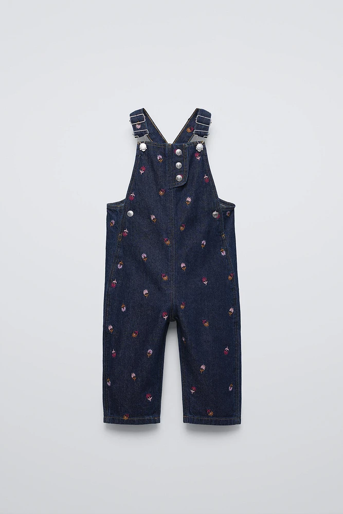 FLORAL EMBROIDERY DENIM OVERALLS