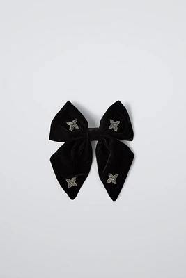 VELVET BOW BAR HAIR CLIP WITH BEAD APPLIQUÉ