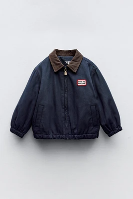 CONTRASTING COLLAR PATCH BOMBER JACKET