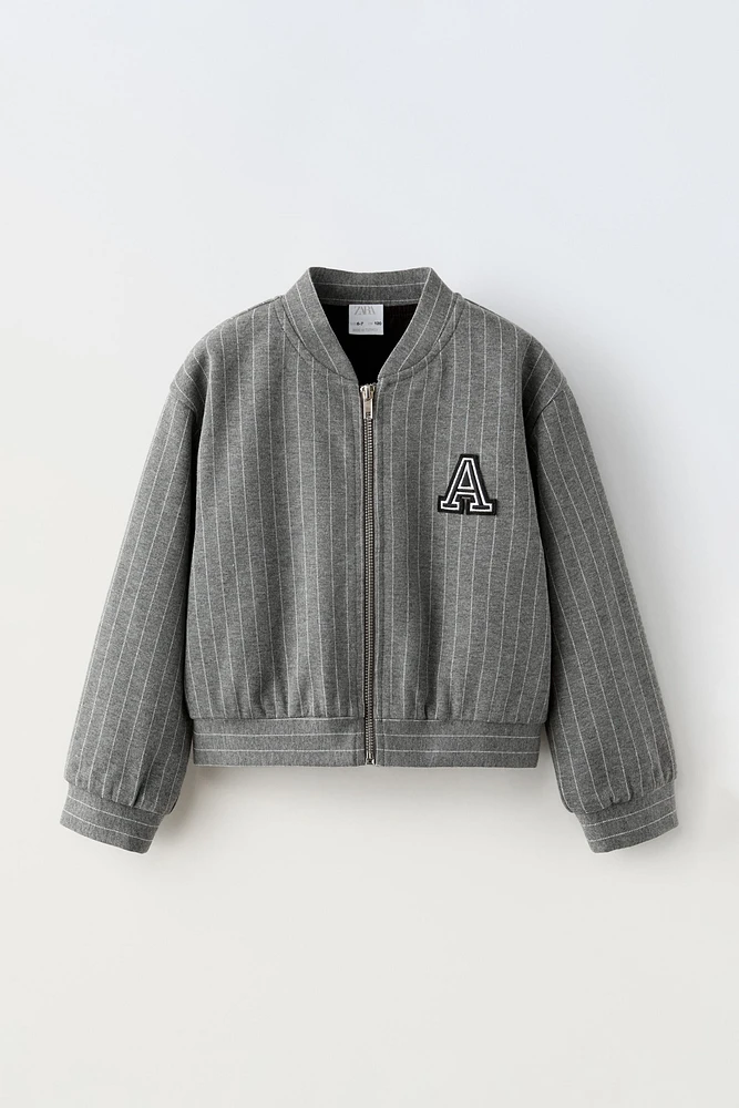 PINSTRIPE BOMBER JACKET WITH PATCH