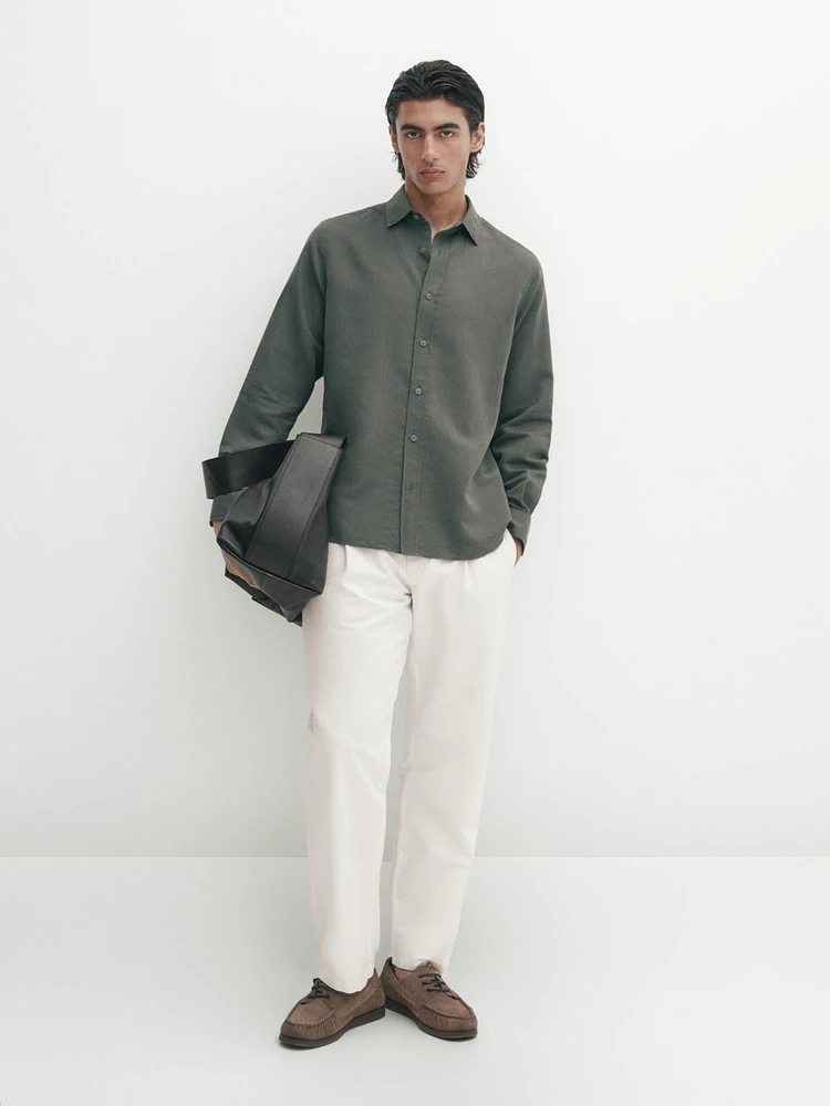 Regular fit cotton and linen blend twill shirt