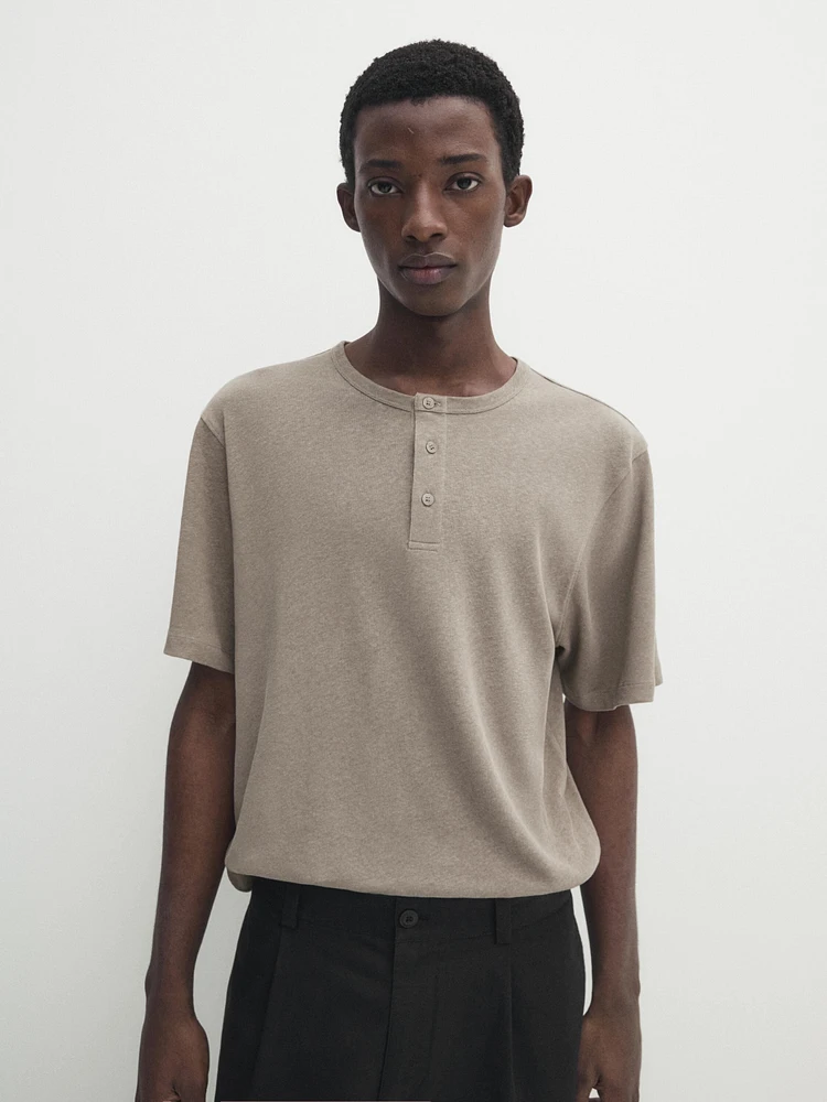 Linen blend henley neck T-shirt