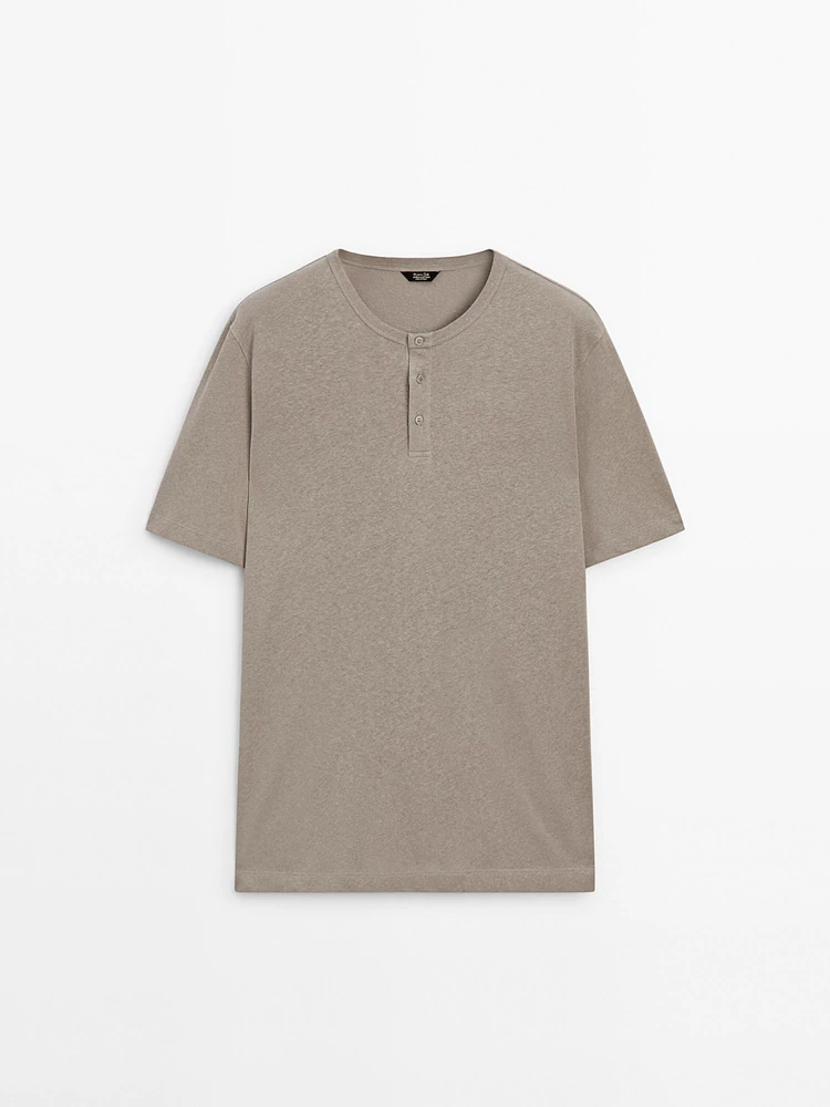 Linen blend henley neck T-shirt