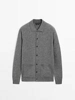 Wool polo collar knit cardigan