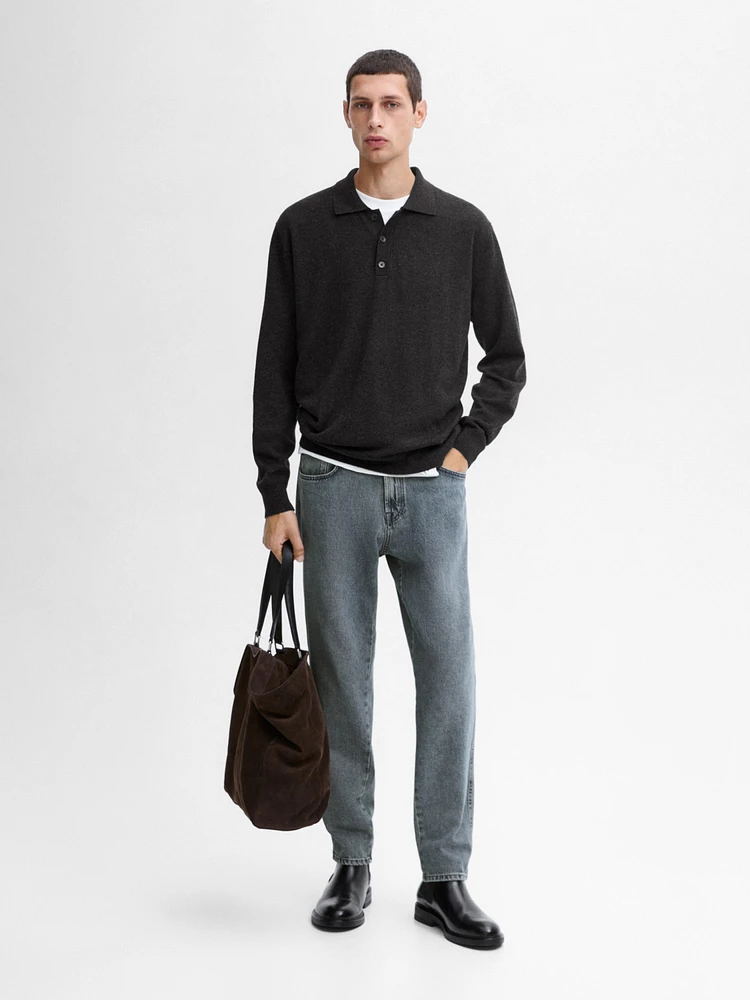 Wool blend knit sweater with polo collar