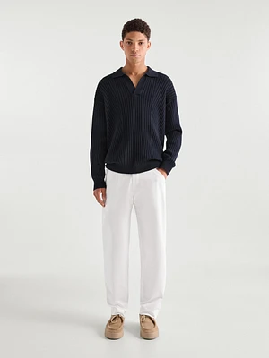 Ribbed knit sweater with polo collar