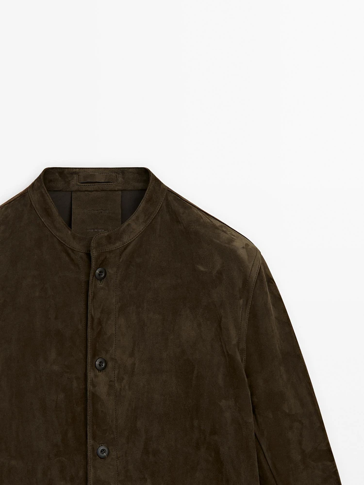 Suede leather stand collar shirt