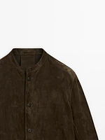 Suede leather stand collar shirt