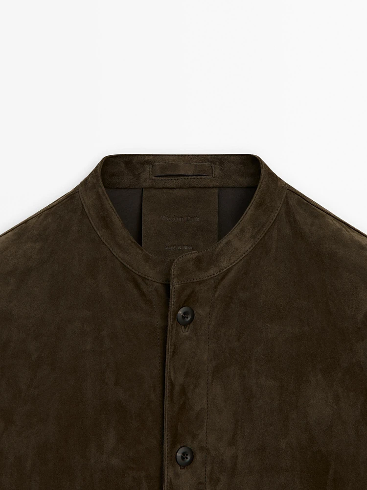 Suede leather stand collar shirt