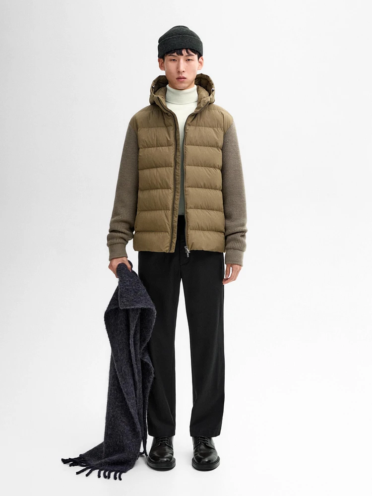 Puffer jacket with contrast knit detail