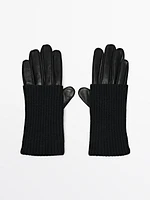 Contrast leather knit gloves