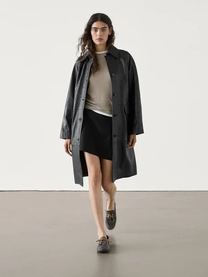 Long textured nappa leather coat with pockets