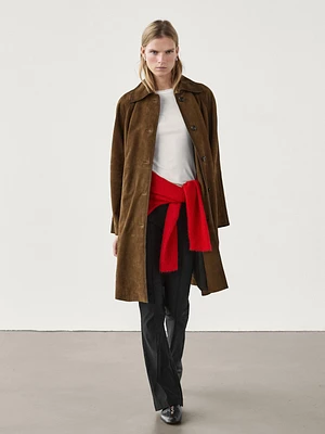 Suede leather trench coat