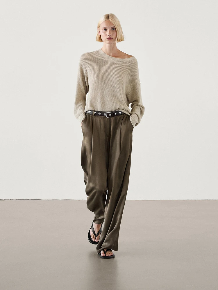 Darted satin wide-leg trousers