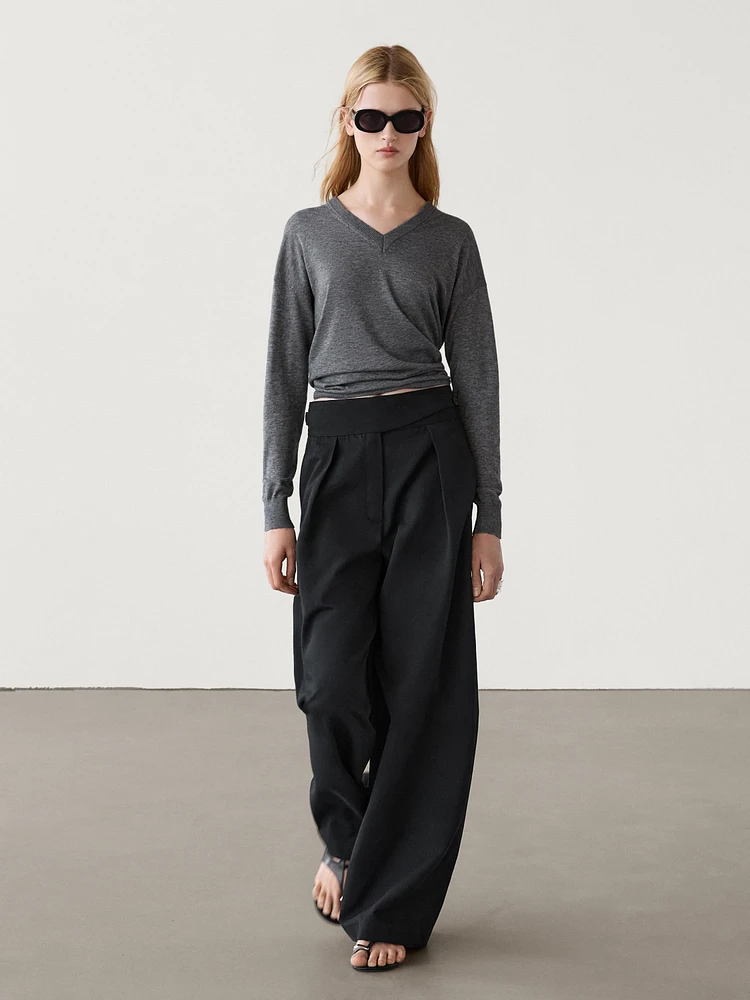 Wide-leg cotton and linen blend trousers