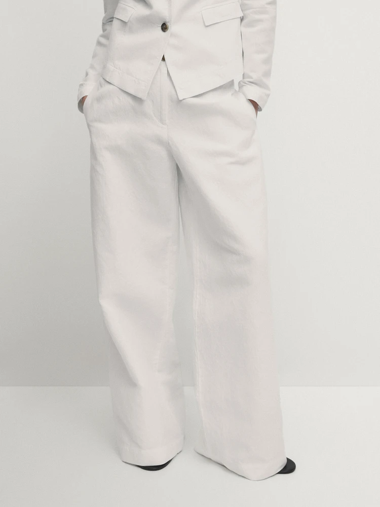 Wide-leg cotton and linen blend trousers