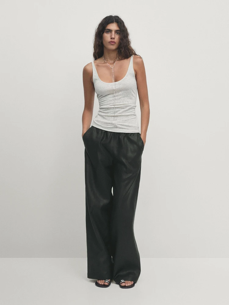 Waxed 100% linen wide-leg jogger trousers