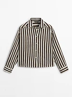 Striped cropped linen blend shirt with long sleeves