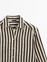 Striped cropped linen blend shirt with long sleeves