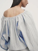 Linen and cotton blend gathered voluminous shirt