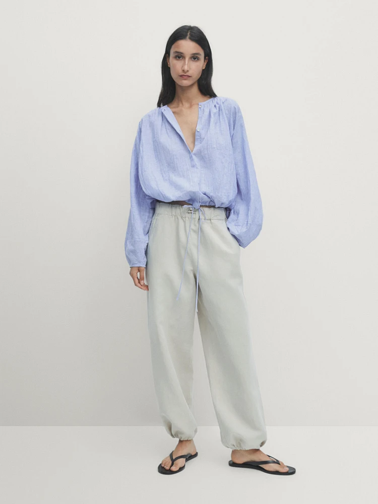 Linen and cotton blend gathered voluminous shirt