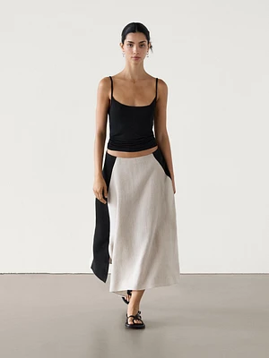 Contrast linen flared midi skirt