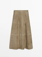 Suede leather flared midi skirt