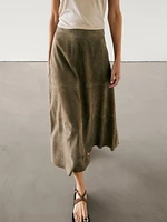 Suede leather flared midi skirt