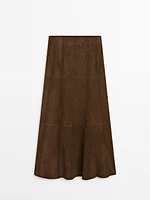 Suede leather midi skirt with seam details