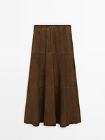 Suede leather midi skirt with seam details