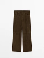 Suede leather straight trousers