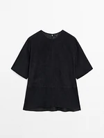 Short sleeve suede leather blouse