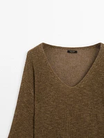 Cotton blend knit V-neck sweater