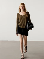 Cotton blend knit V-neck sweater