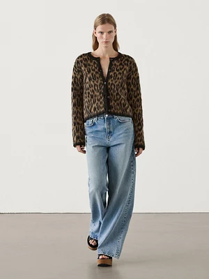 Wool blend animal print cardigan