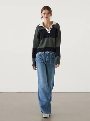 Knit sweater with polo collar and stripes