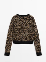 Wool blend animal print knit sweater