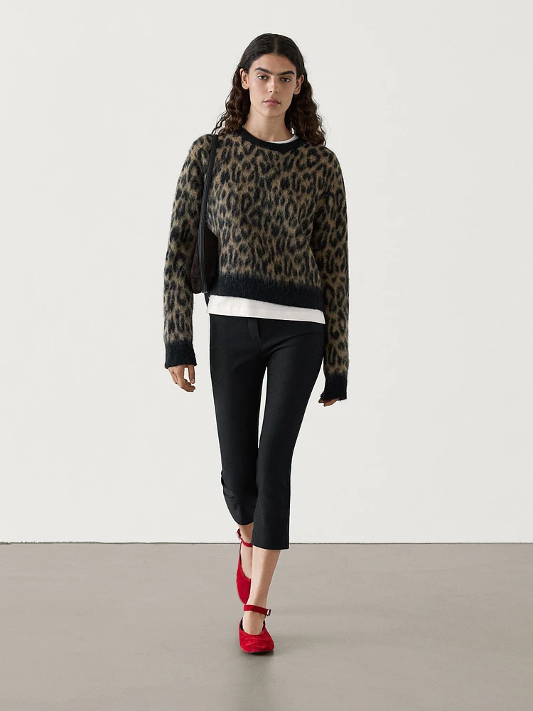 Wool blend animal print knit sweater