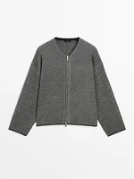 Wool blend knit zip-up cardigan