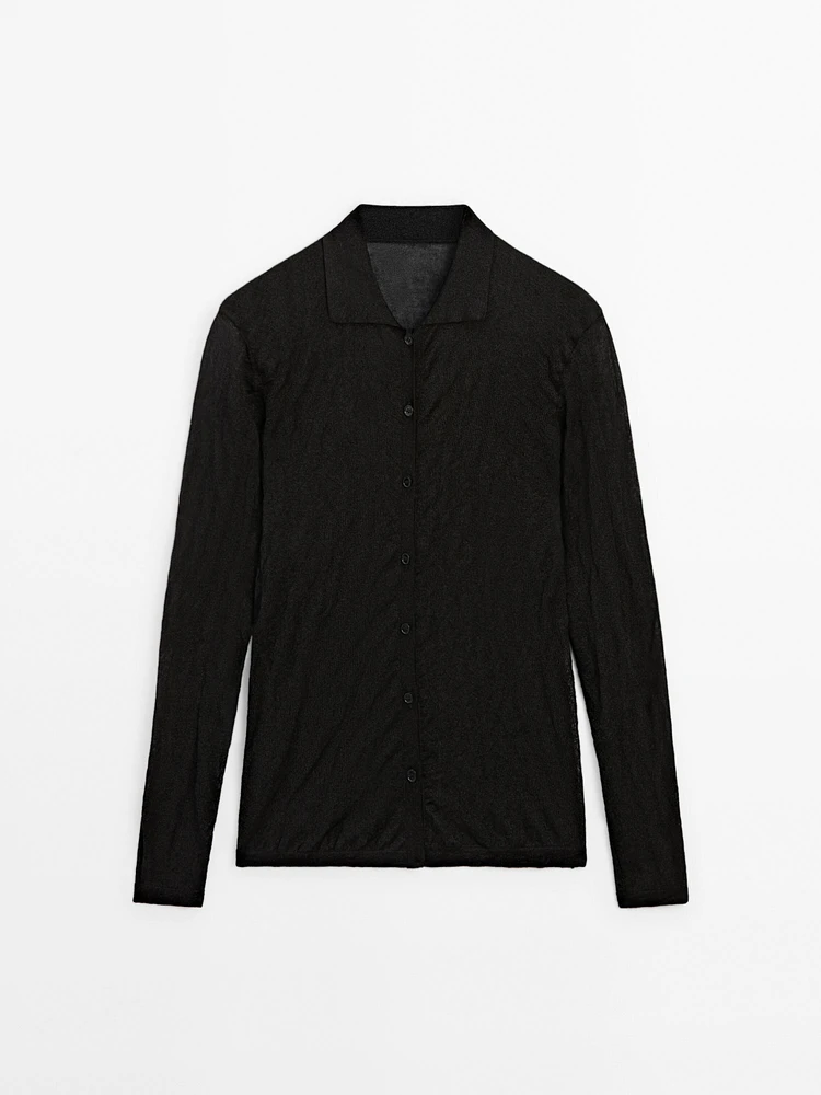 Crinkled polo collar cardigan