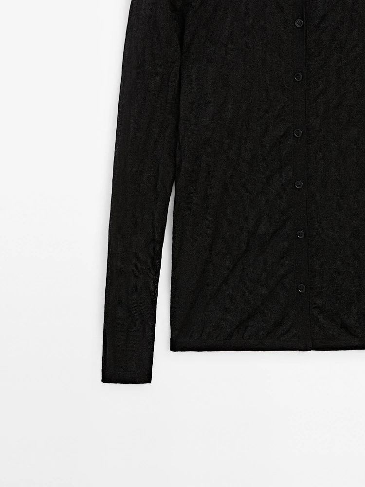 Crinkled polo collar cardigan