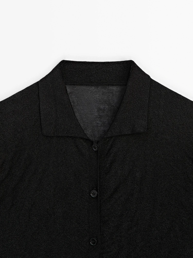 Crinkled polo collar cardigan