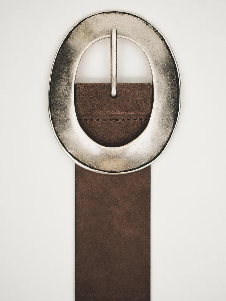 Split leather belt with oval buckle