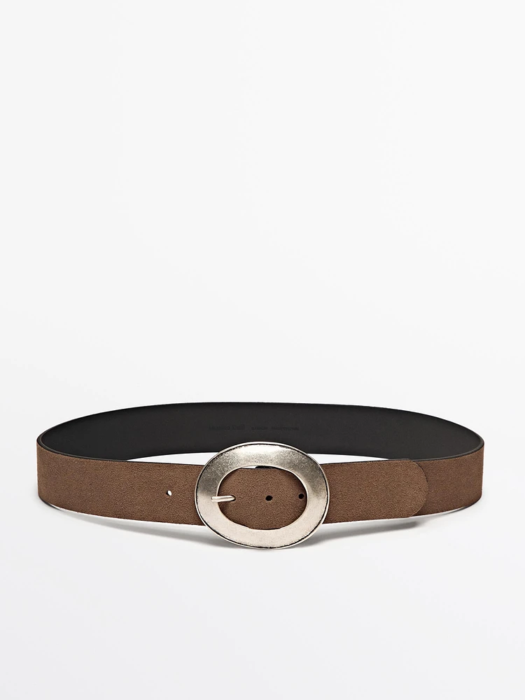 Split leather belt with oval buckle