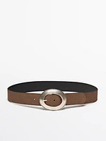 Split leather belt with oval buckle